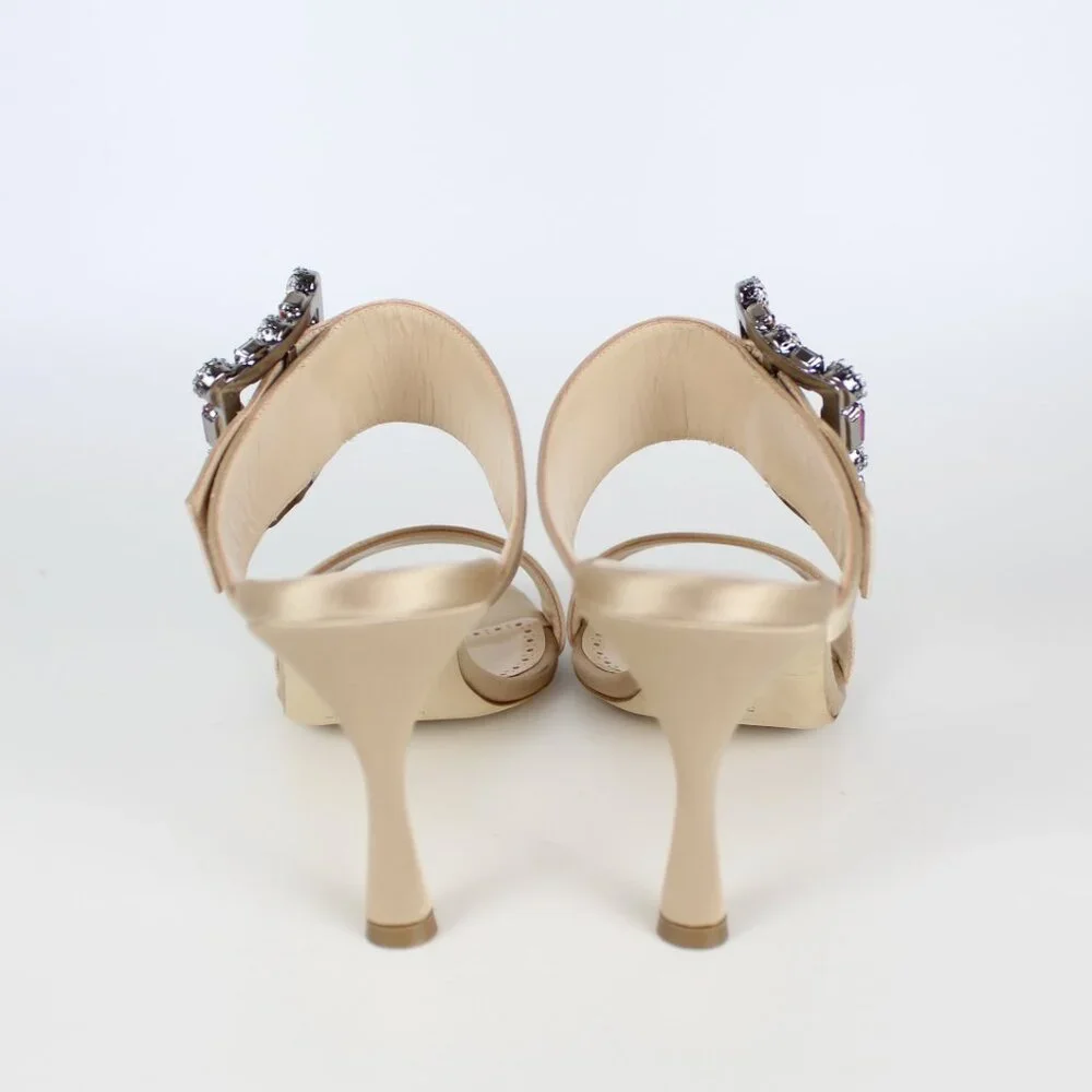 NEW Manolo Blahnik Verda 90 Crystal Buckle Satin Mule Sandals Nude EU 38.5